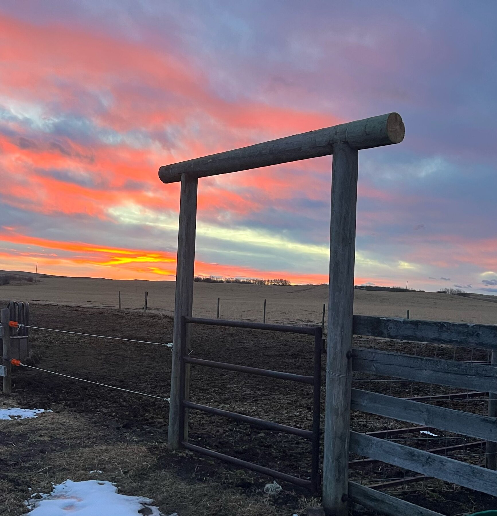 Sunset over the gate at Farm Creek Cabins